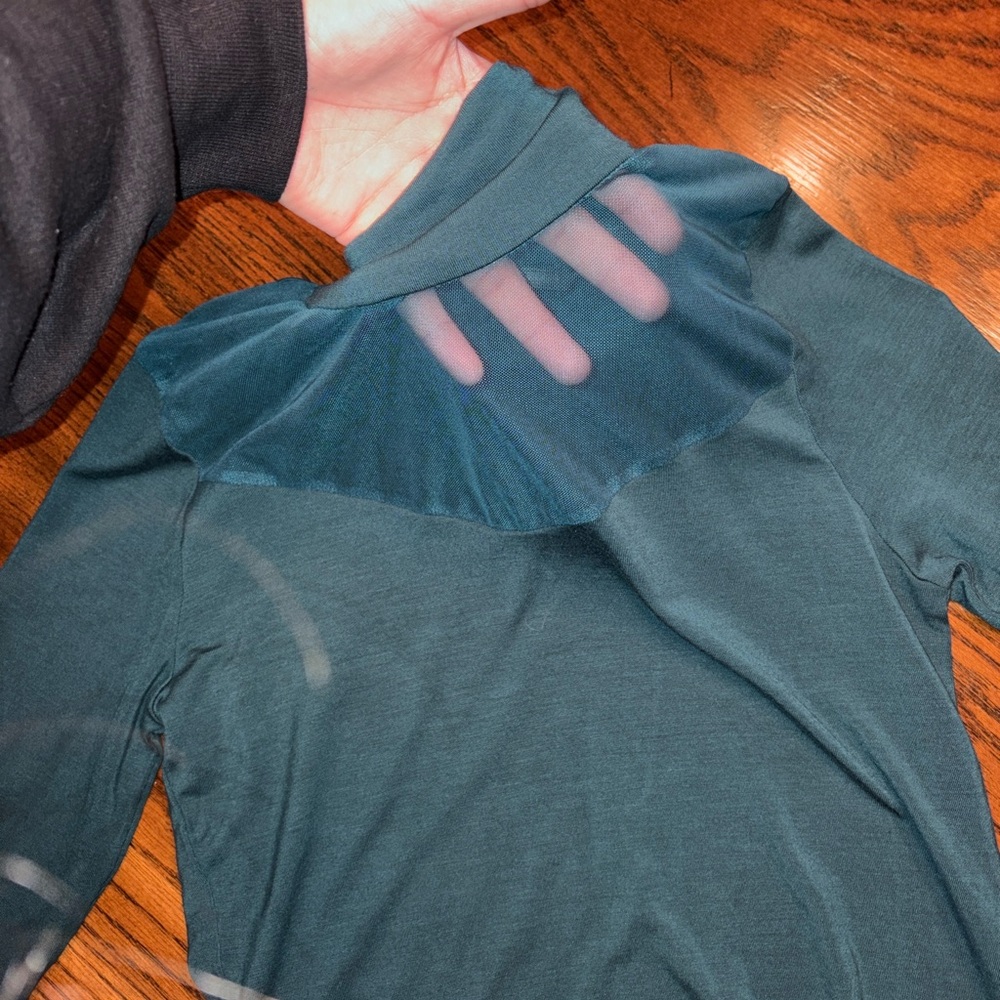 Anthropologie Teal Long Sleeve Turtleneck Top with sheer chest